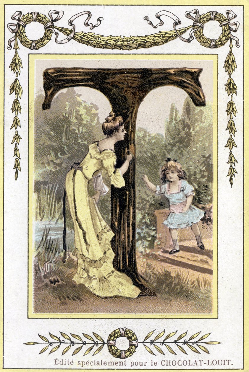 Brief T, der eine Mutter und ihre Tochter beim Versteckspiel darstellt, späte 19. Jahrhundert (Chromolithographie) von French School