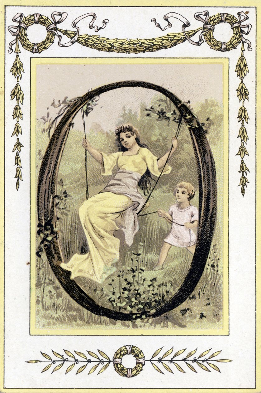 Brief, der eine schaukelnde Mutter und ihren Sohn darstellt, späte 19. Jahrhundert (Chromolithographie) von French School