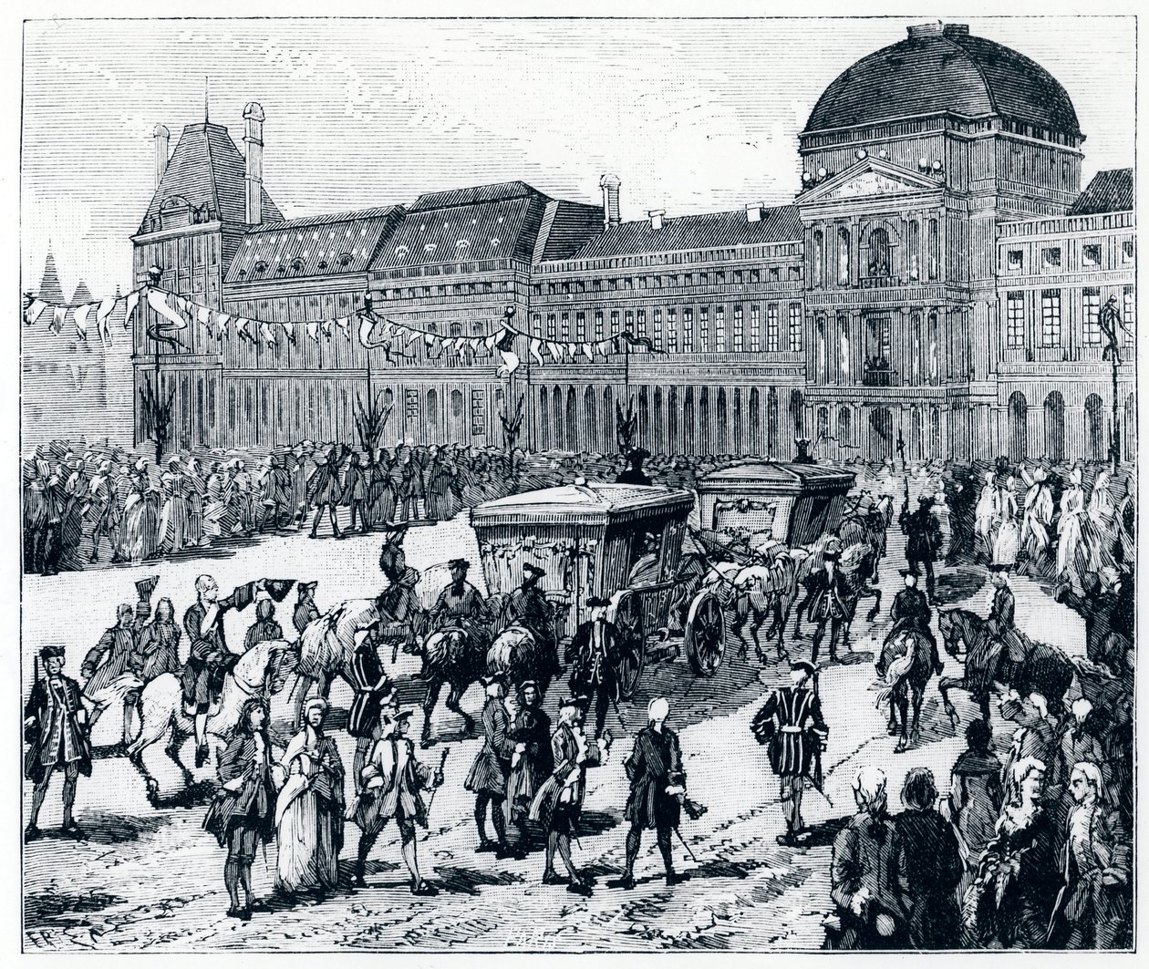 Das Leben unter Ludwig XV.: Der König kommt im Palais des Tuileries an, wo die Königin und der Dauphin auf ihn warten von French School