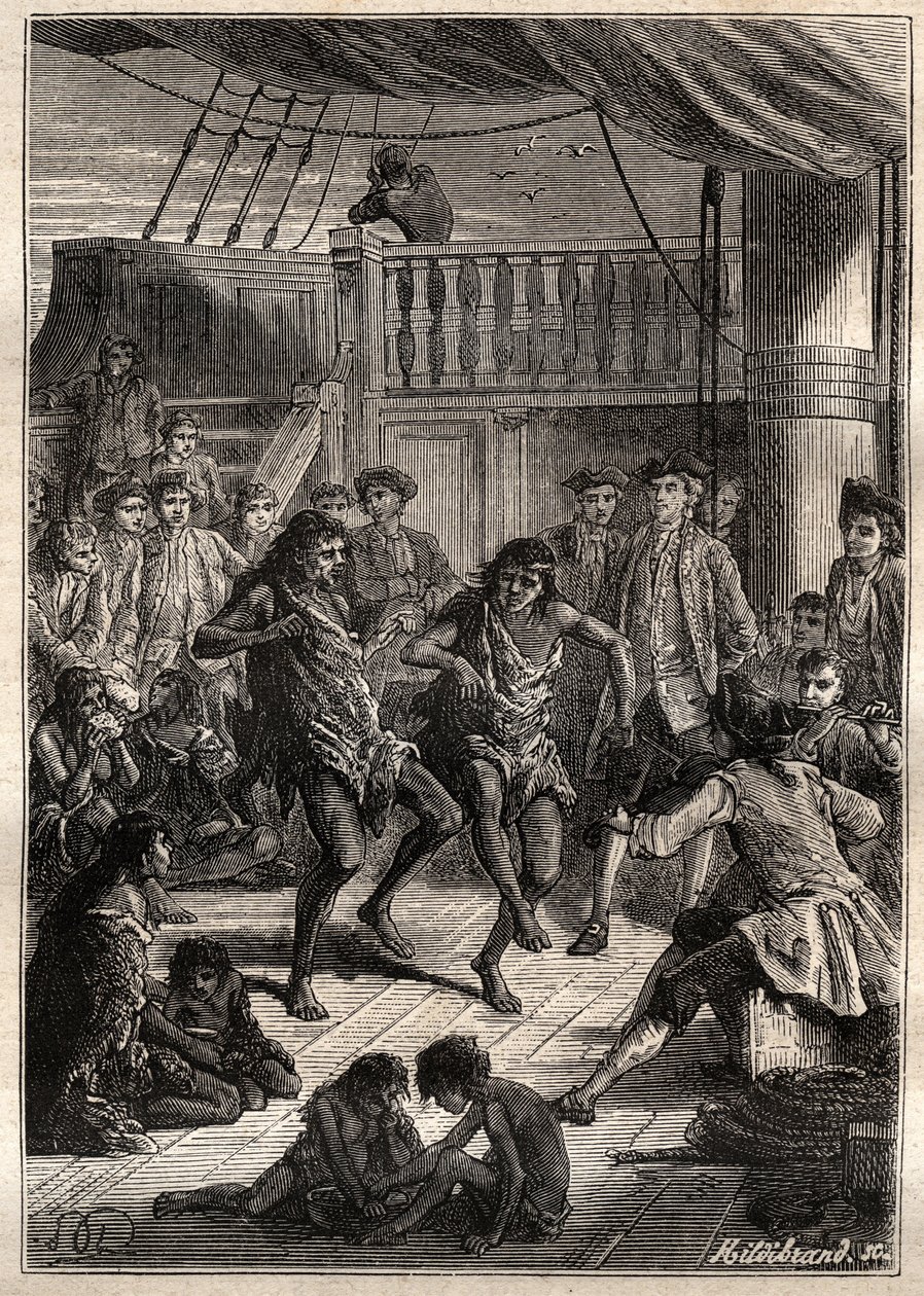 Louis Antoine, Graf von Bougainville (1729-1811) empfängt die Bewohner der Bucht Fortescue (Magellanstraße) in seinem Boot „La Boudeuse“ im Jahr 1768 - Illustration aus „Die großen Seefahrer des 18. Jahrhunderts“ von French School