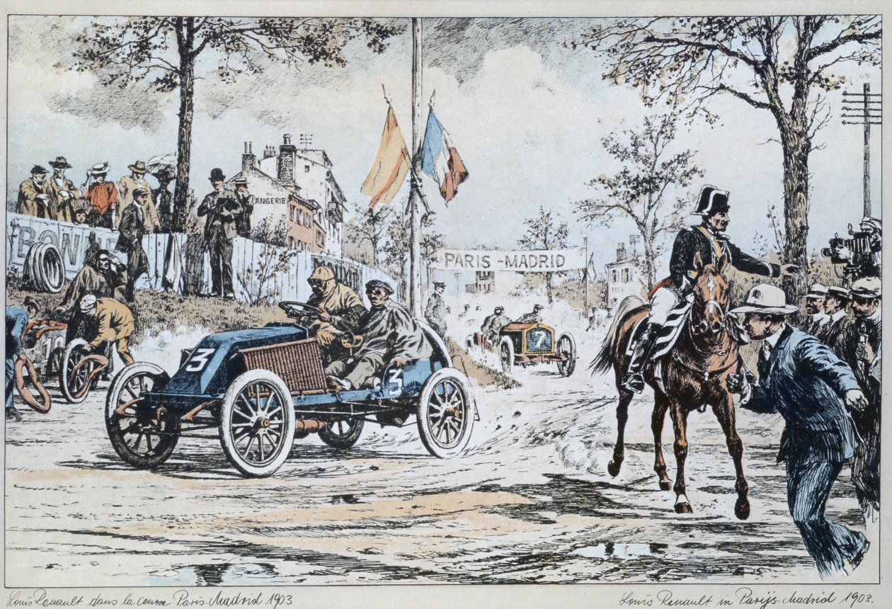 Louis Renault fährt im Rennen Paris-Madrid von 1903, ca. 1903 von French School
