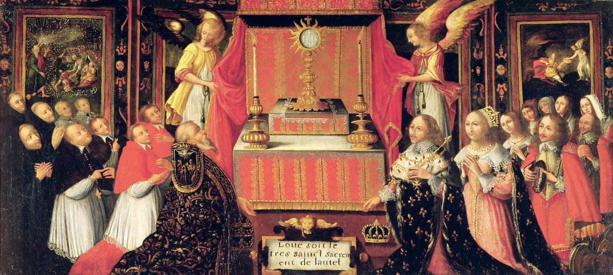 Ludwig XIII (1601-43) Anna von Österreich (1601-66) Infantin von Spanien und Gaston de France (1608-60) Herzog von Orléans vor dem Heiligen Sakrament von French School