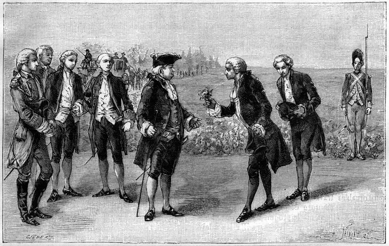 Louis XVI (1754-1793) besucht das erste Kartoffelfeld in der Ebene der Sablons (heutige Avenue de la Grande Armée, Paris), Antoine Augustin Parmentier (1737-1813) überreicht ihm Kartoffelblüten, um 1785. Gravur in „La Nature. Revue des sciences et de ses a von French School