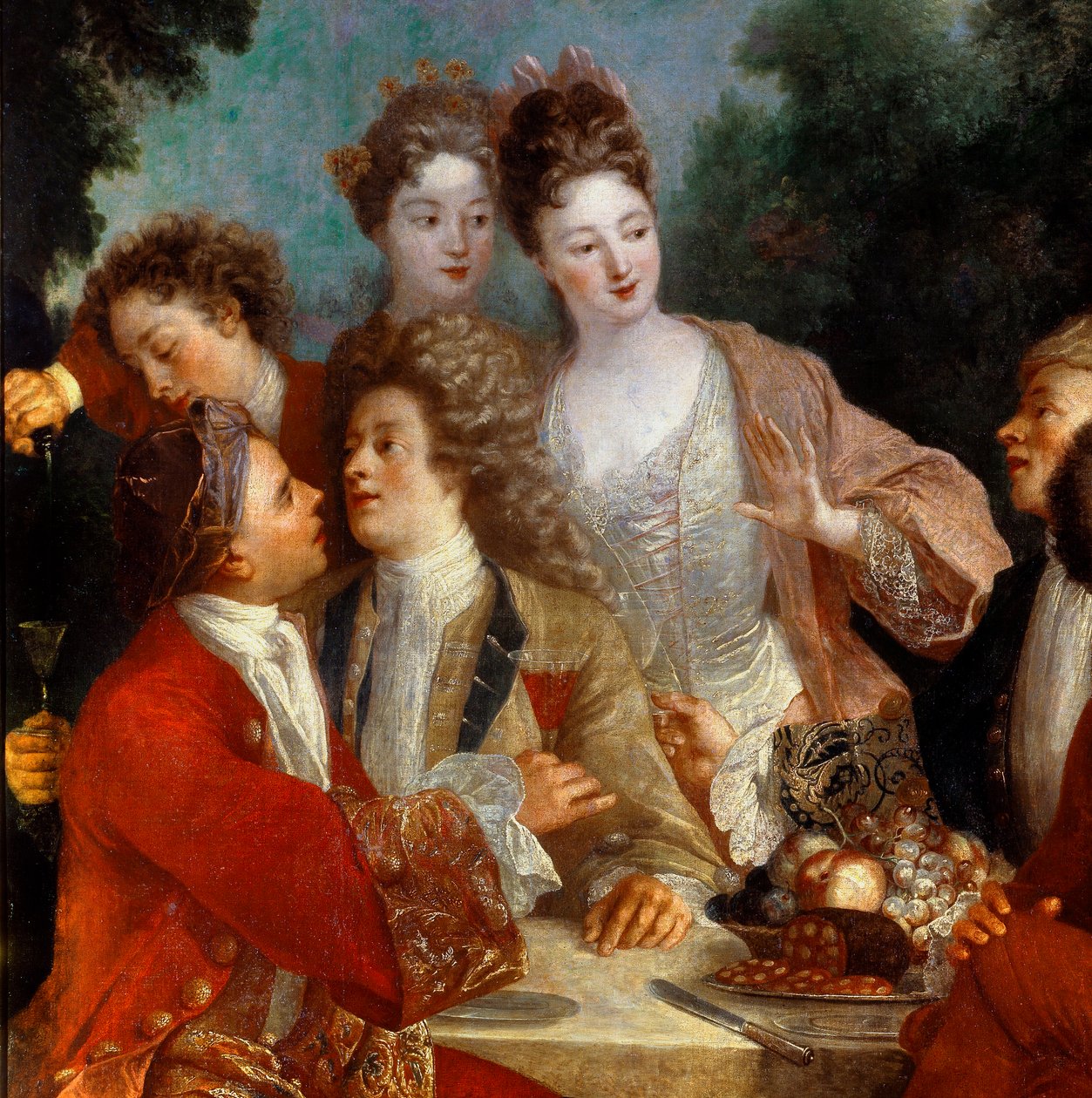 Mittagessen im Park. Detail des Gemäldes der französischen Schule des 18. Jahrhunderts. Orléans Museum der Schönen Künste von French School