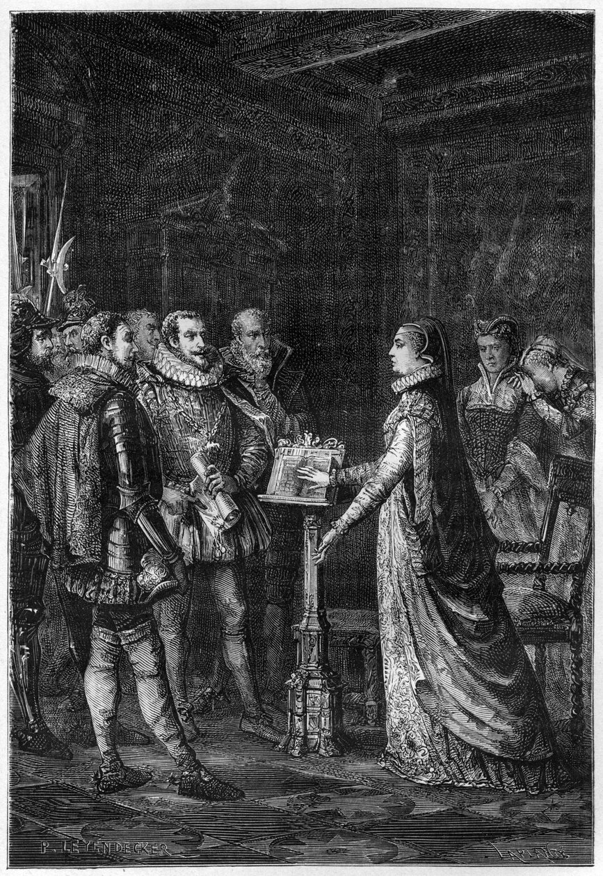 MARY STUART (1542-1587) Königin von Schottland. Mary Stuart schwört, dass sie nie geplant hat, das Leben von Königin Elizabeth I. von England zu nehmen - Gravur aus 