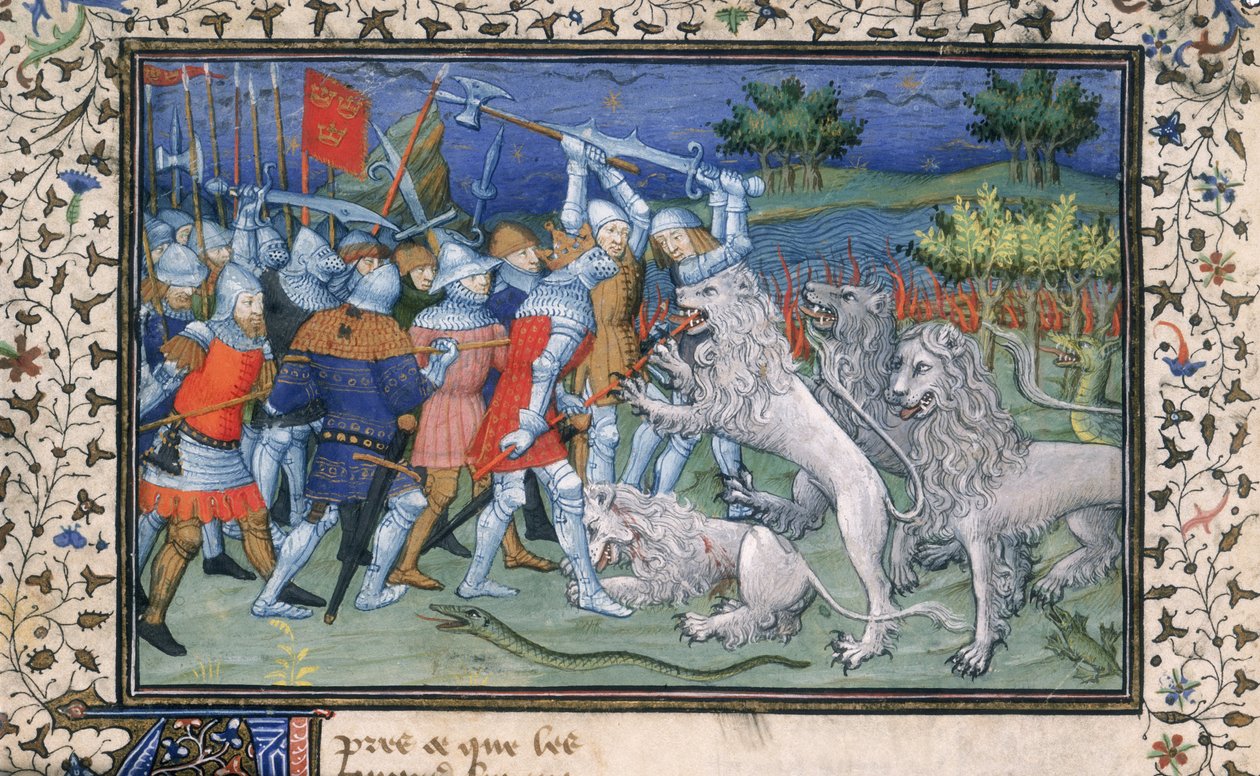 MS Royal 20 B.XX fol.50v Alexander der Große (356-323 v. Chr.) kämpft mit weißen Löwen, aus 