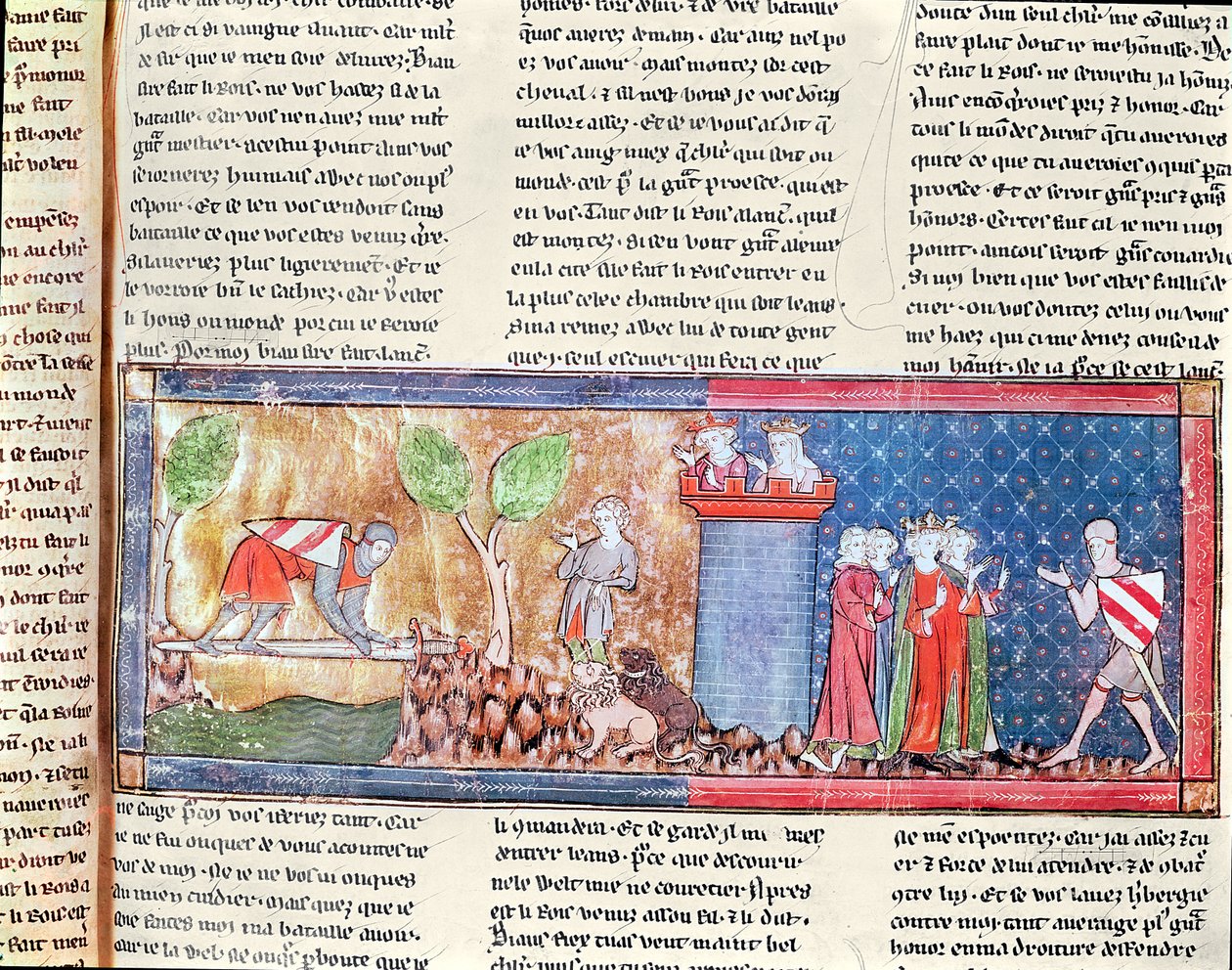 Lancelot beweist seine Liebe zu Guinevere, indem er einen Fluss überquert, der von einem scharfen Schwert überbrückt wird, aus dem Roman de Lancelot du Lac, 1344 von French School