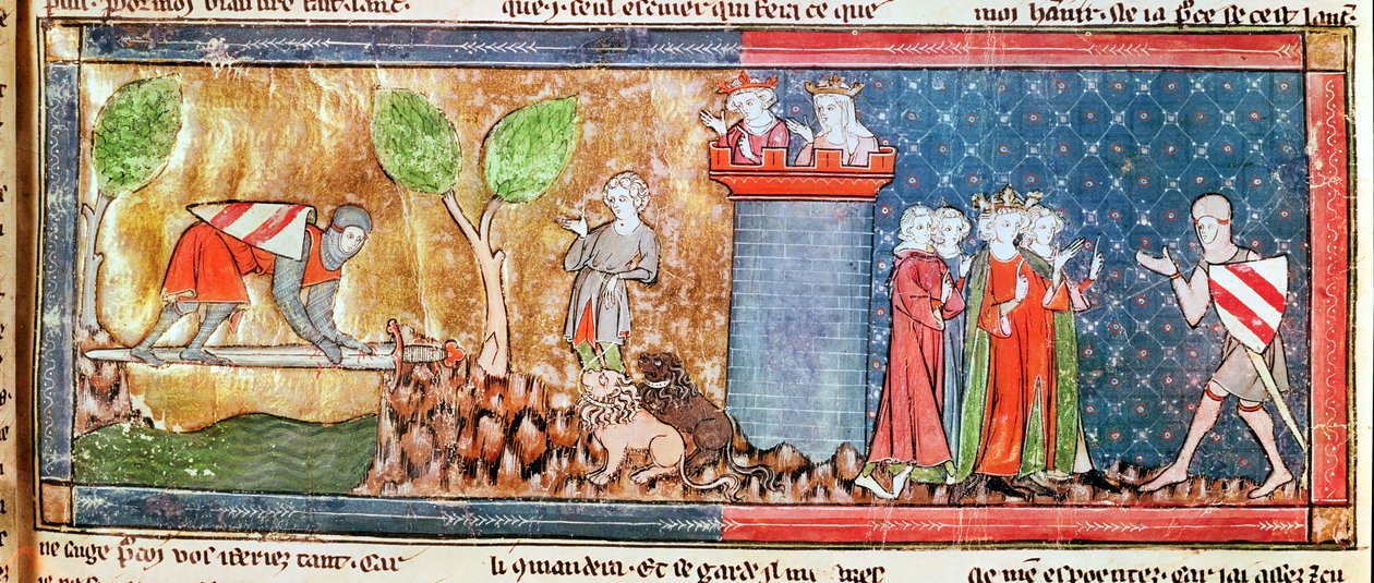 M. 806 f.166 Lancelot beweist seine Liebe zu Guinevere, indem er einen Fluss überquert, der von einem scharfen Schwert überbrückt wird, aus dem Roman de Lancelot du Lac, 1344 von French School