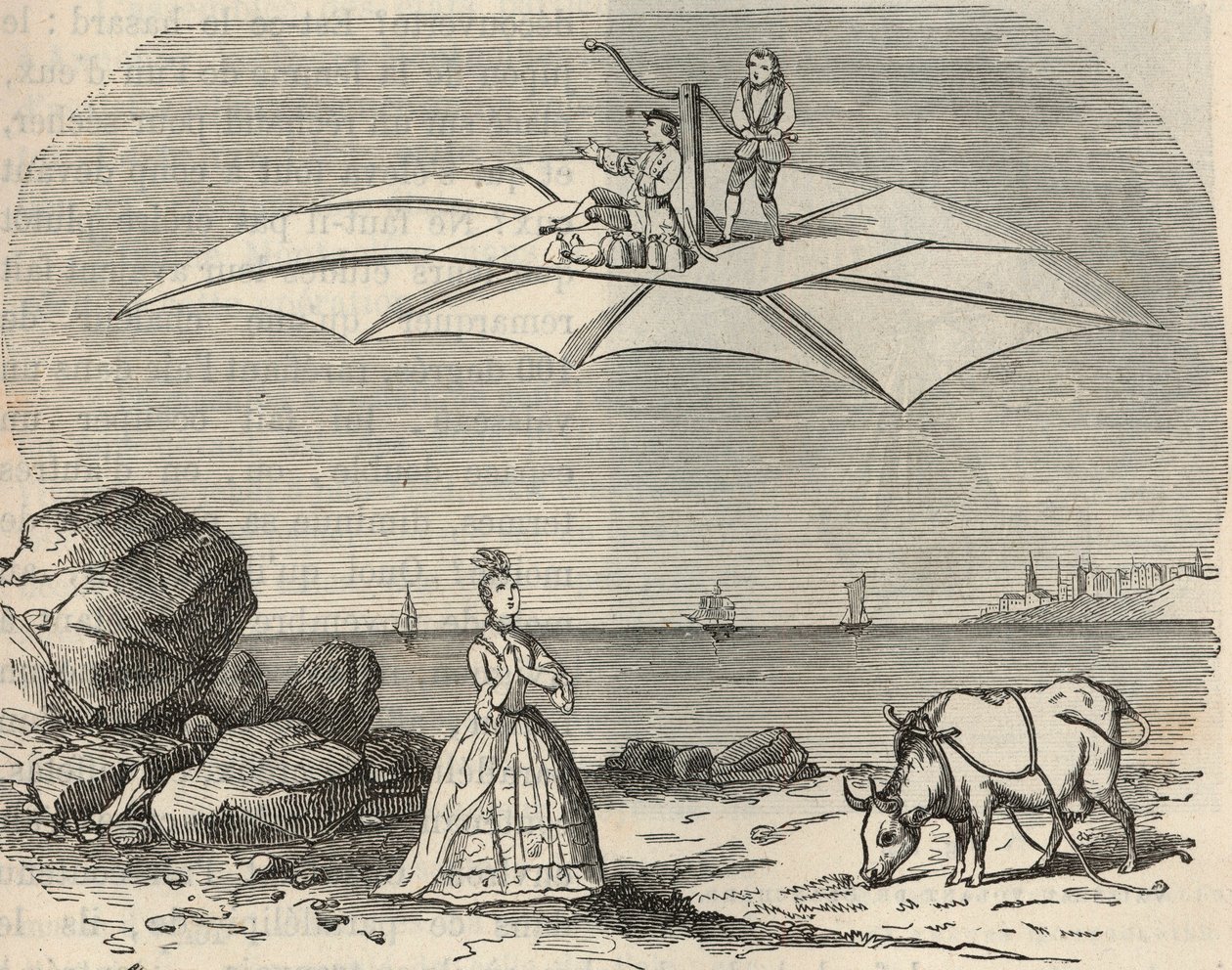 Maschine (Gleiter) von Samuel Musgrave (1732-1780) - Gravur in „Wissenschaften für alle - Populäre Physik und Chemie“ von Alexis Clerc - Ende 19. Jahrhundert - Private Sammlung von French School