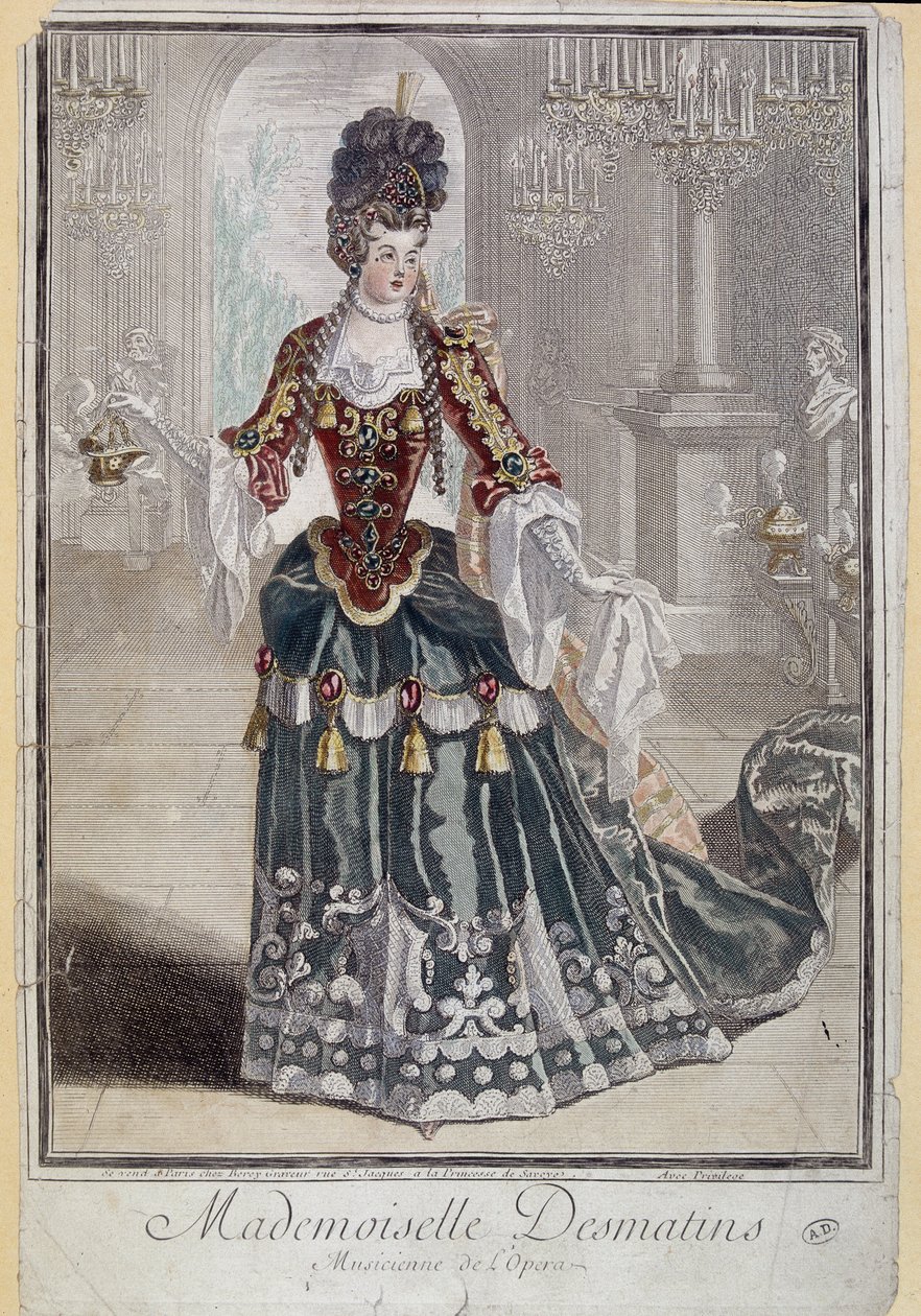 Mademoiselle Desmatins, Musikerin (Sängerin) der Oper - Gravur von French School