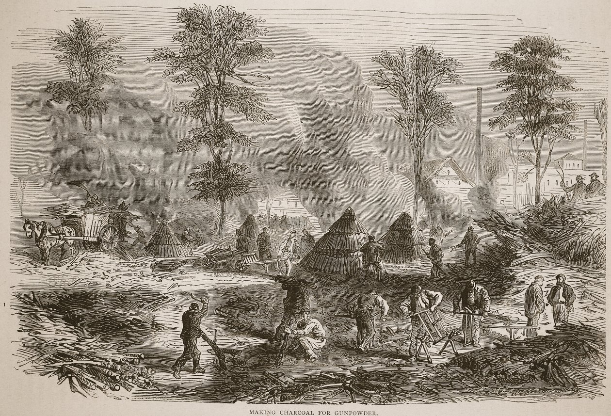 Holzkohleherstellung für Schießpulver, Illustration aus Cassells Geschichte des Krieges zwischen Frankreich und Deutschland, 1870-1871 von French School