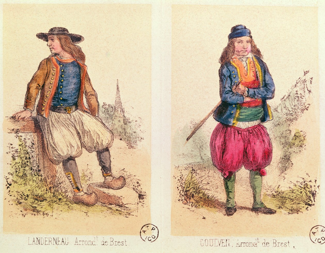 Männliche Kostüme aus Landerneau und Goulven, aus Les Costumes Bretons de Sorrieu von French School