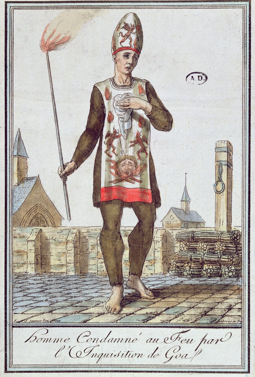 Mann, der von der Inquisition von Goa zum Verbrennen auf dem Scheiterhaufen verurteilt wurde, späte 18. Jahrhundert von French School