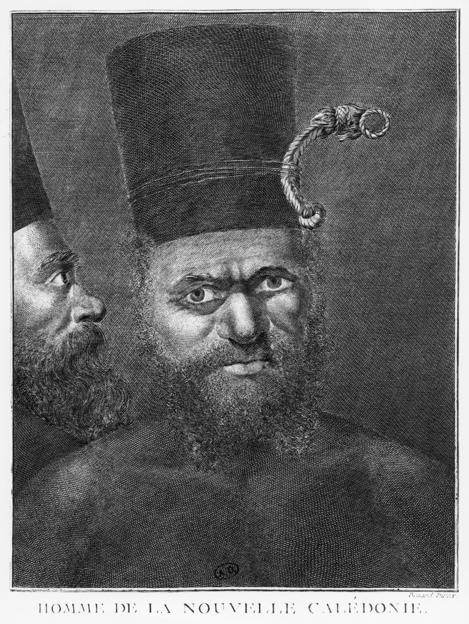 Mann aus Neukaledonien, Illustration aus der Zweiten Reise von Captain James Cook, graviert von Benard (18. Jahrhundert) 1774 von French School