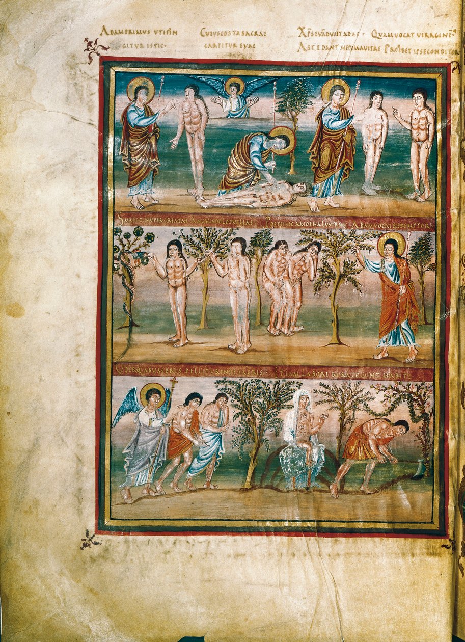 Manuskriptseite mit Episoden aus dem Leben von Adam und Eva: Erschaffung von Adam und Eva. Die Erbsünde. Vertreibung aus dem Paradies (Miniatur) von French School