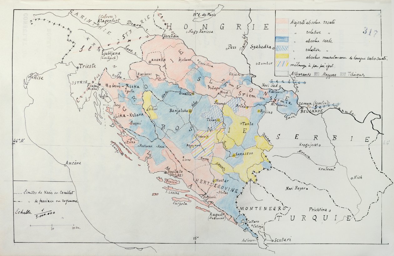 Karte von Bosnien mit Details der von ethnischen Minderheiten besetzten Gebiete, 1910 von French School