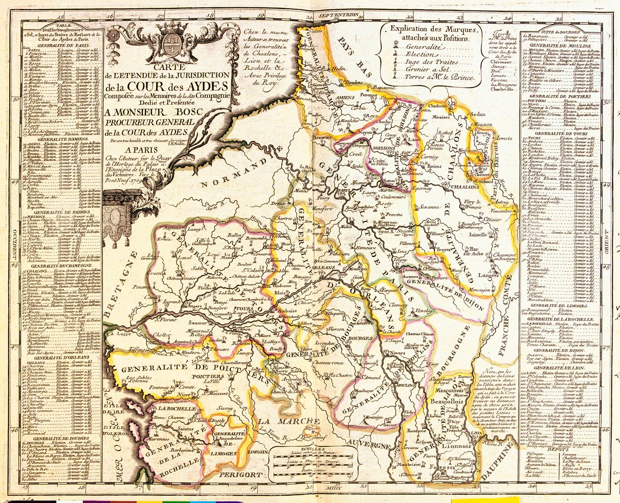 Karte der französischen Gebiete unter Steuer, 1709, aus Le Theatre du Monde von Jean-Baptiste Nolin, veröffentlicht 1717 (handkolorierter Stich) von French School