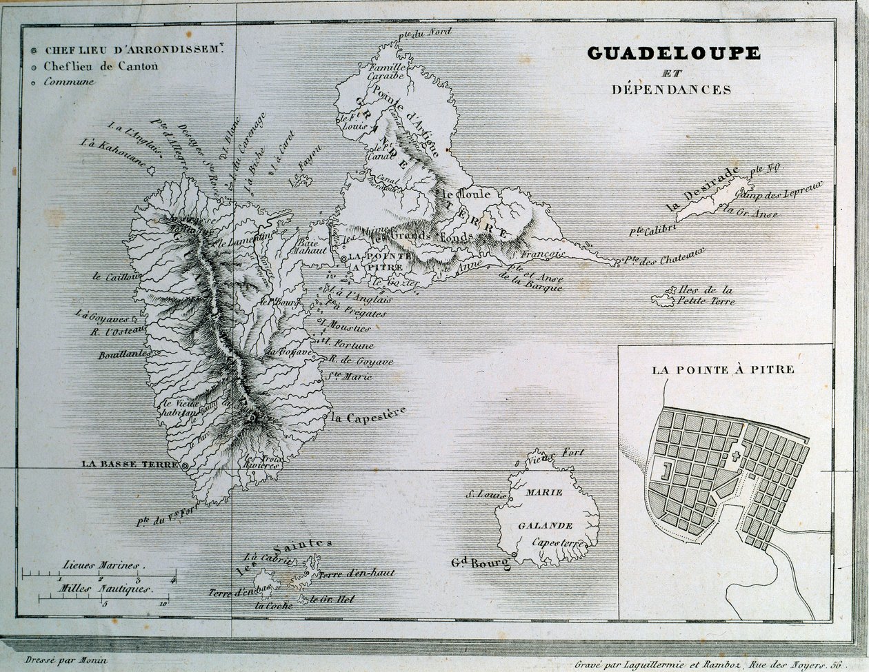 Karte von Guadeloupe und seinen Abhängigkeiten. Gravur des 19. Jahrhunderts. Chartres, Museum der Schönen Künste von French School