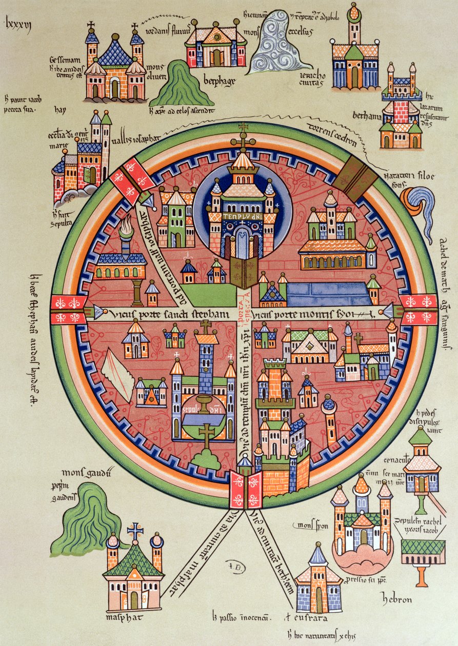 Karte von Jerusalem und Palästina, einschließlich der heiligen Stätten und des Tempels von Salomo von French School