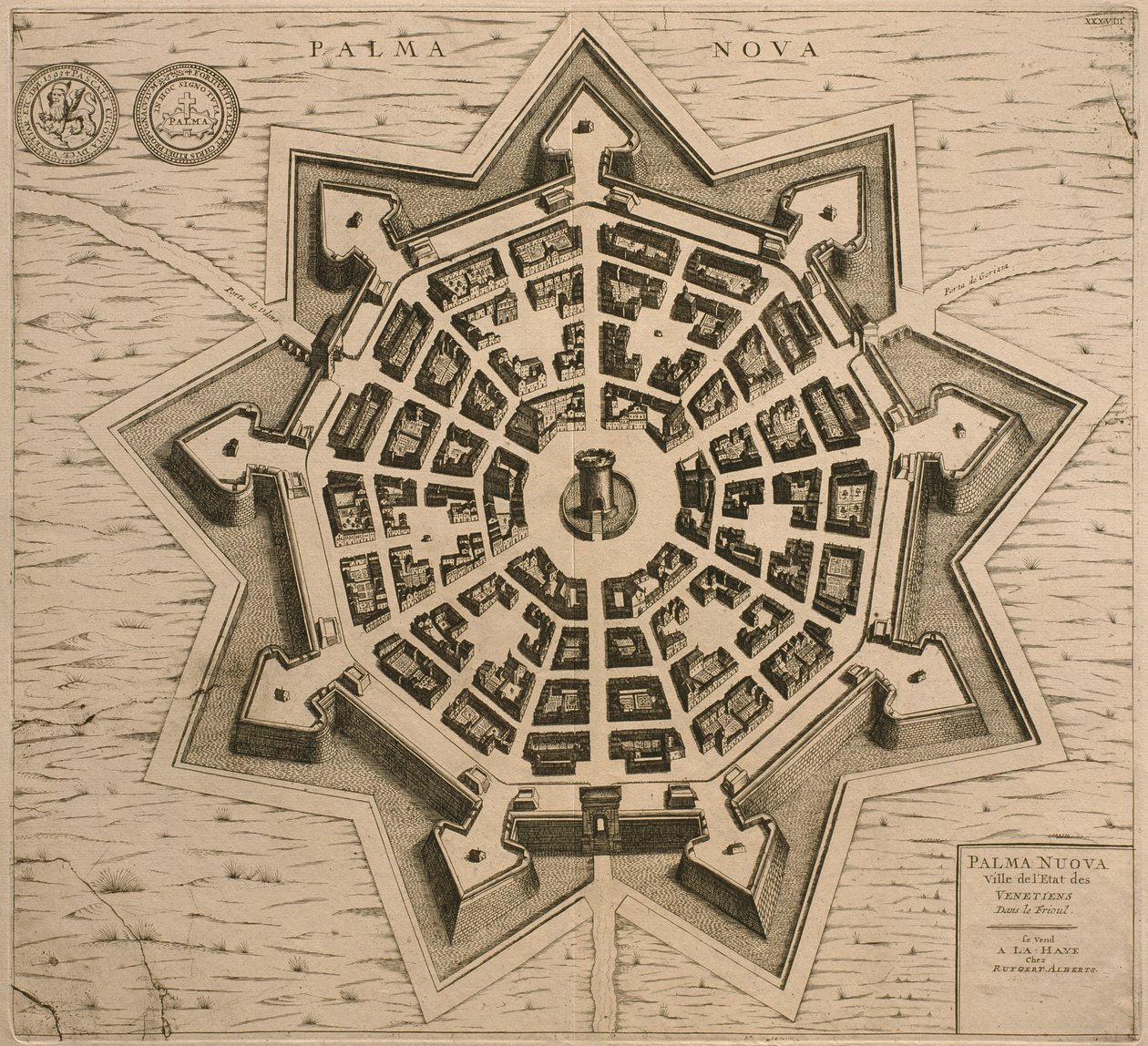 Karte von Palmanova, aus Les Villes de Venetie, 1704, veröffentlicht von Rutgert Alberts in Den Haag von French School