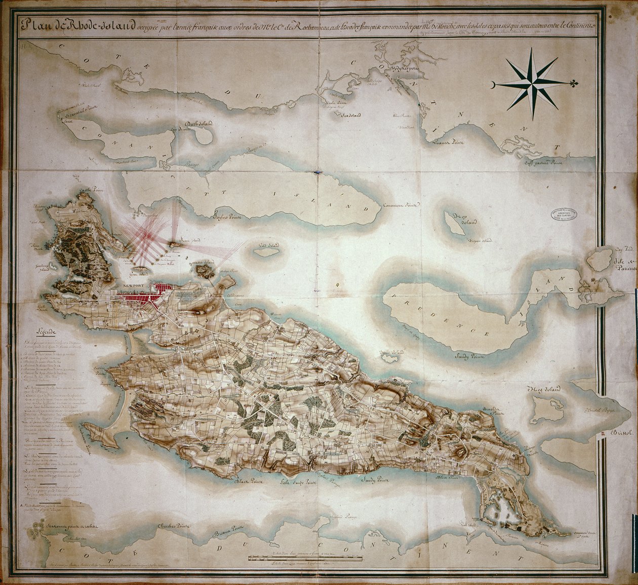 Karte von Rhode Island zur Zeit der Besetzung 1780-81 durch die französische Armee auf Befehl von Jean-Baptiste de Vimeur (1725-1807), Graf von Rochambeau von French School