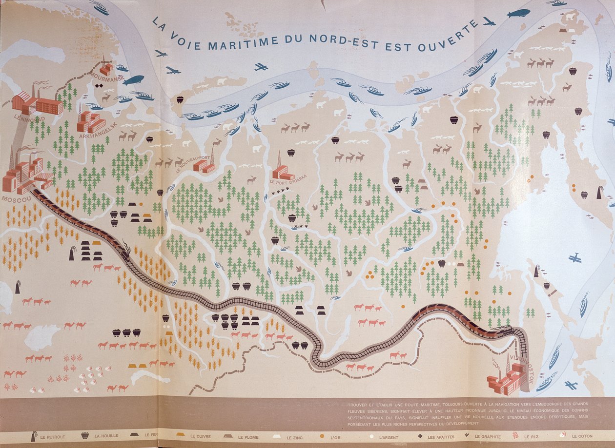 Karte von Sibirien, die die immensen natürlichen Ressourcen der Region zeigt und eine Seeroute darstellt, die den Handel eröffnen würde, 1933 von French School