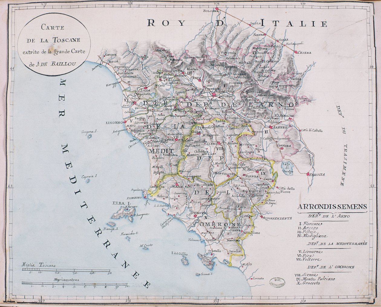Karte der Toskana, Detail der großen Karte von J. de Baillou von French School