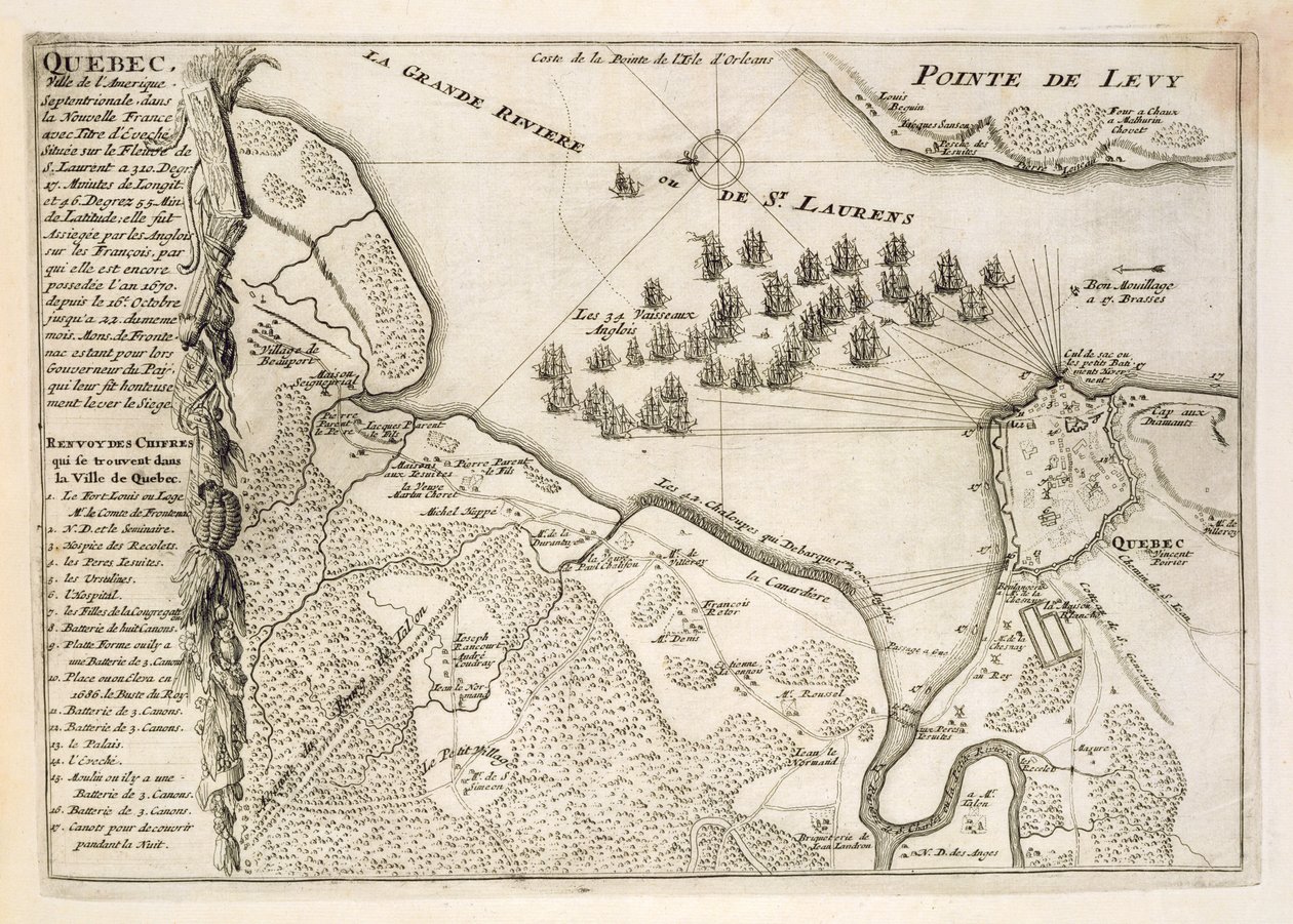 Karte der Belagerung von Quebec durch die britische Flotte, 1670 von French School
