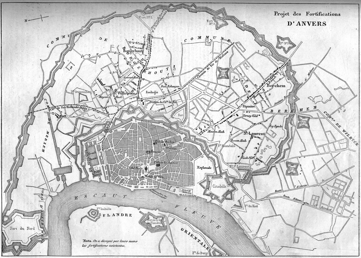 Karte der Stadt Antwerpen (Belgien) im Jahr 1859; Darstellung des Projekts der neuen Befestigungen. Gravur in „Le Monde Illustré“ Nr. 128 vom 24. September von French School