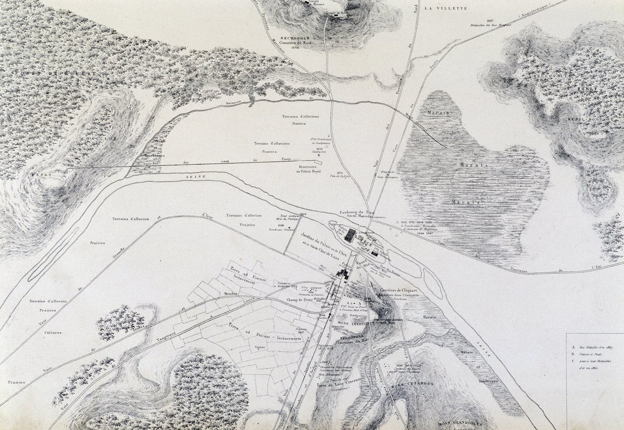 Karte der Stadt Lutetia (heute Paris) und ihrer Umgebung, 1882 von French School