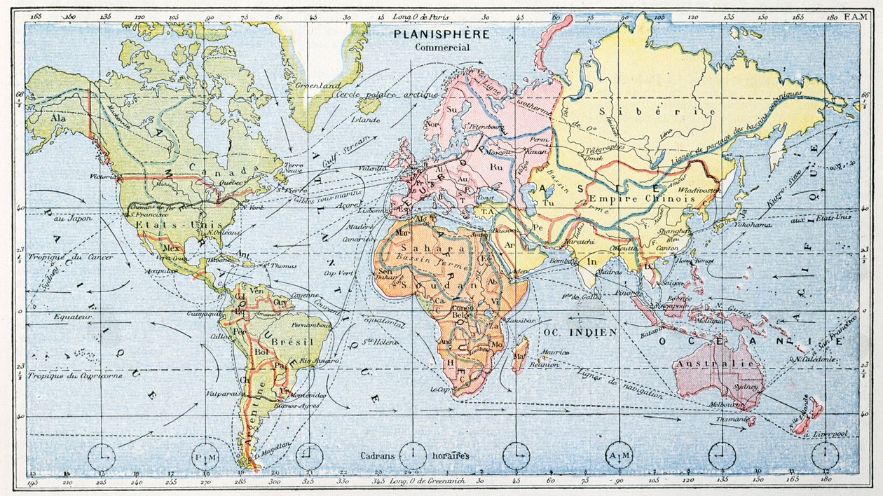 Karte der wichtigsten Welthandels-Schifffahrtsrouten, 1912 von French School