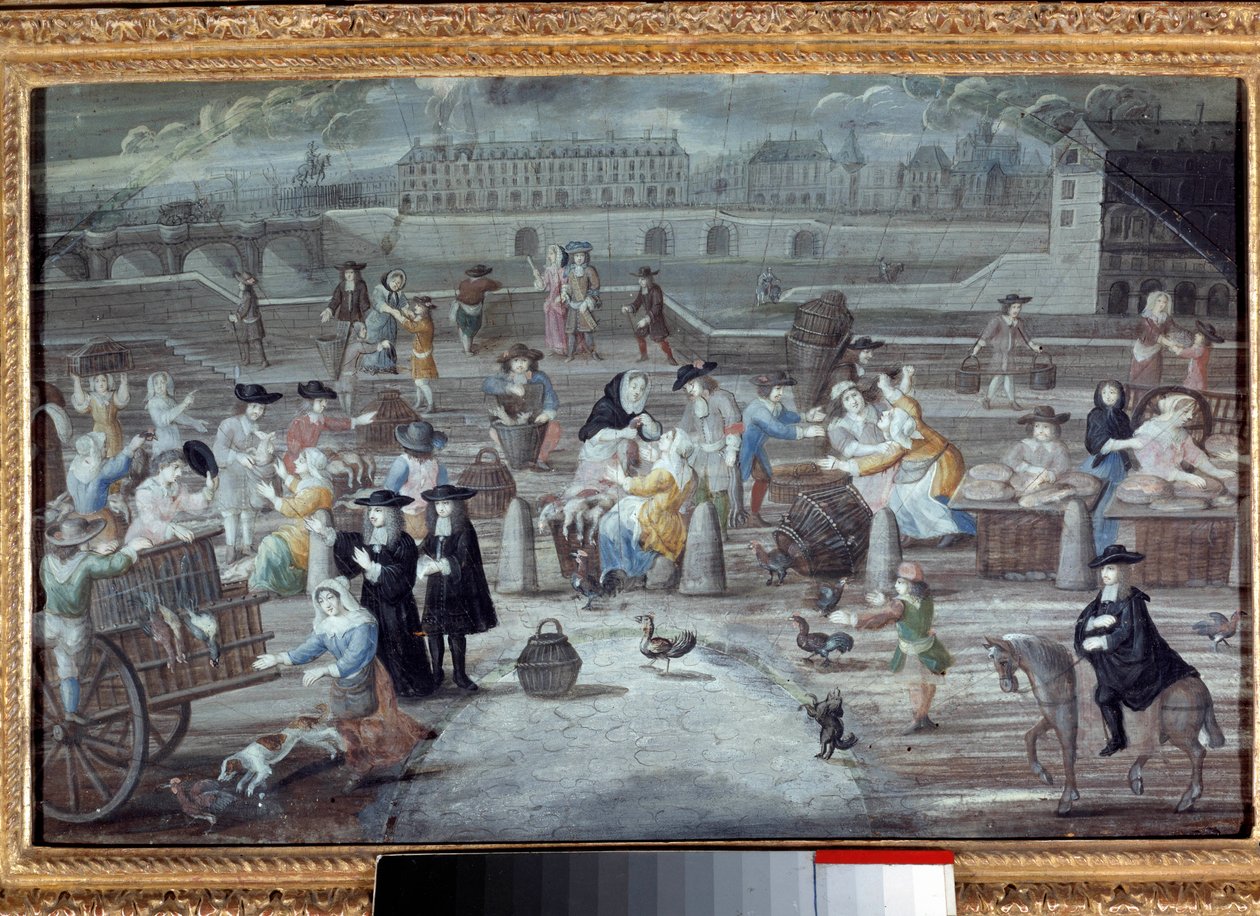 Markt für Geflügel und Brot, Quai des Grands Augustins in Paris im Jahr 1660. Anonymes französisches Gemälde von French School