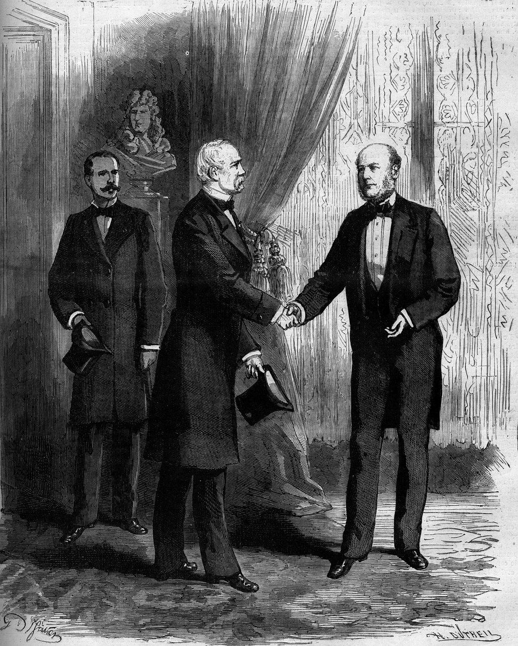 Marschall Patrice de Mac Mahon (1808-1893) gratuliert seinem Nachfolger im Amt des Präsidenten der Französischen Republik, Jules Grévy (1807-1892). Gravur in „Le Monde Illustré“ Nr. 1141 vom 8. Februar von French School