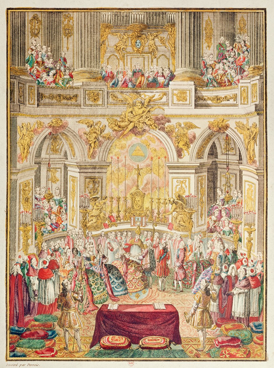 Hochzeit des Dauphins von Frankreich (zukünftiger Ludwig XVI.) mit Erzherzogin Marie-Antoinette in der Kapelle von Versailles am 16. Mai 1770 von French School