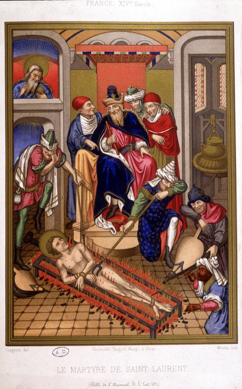 Martyrium des Heiligen Laurentius (Grill) nach einer Miniatur des Mittelalters, Frankreich 14. Jahrhundert. von French School