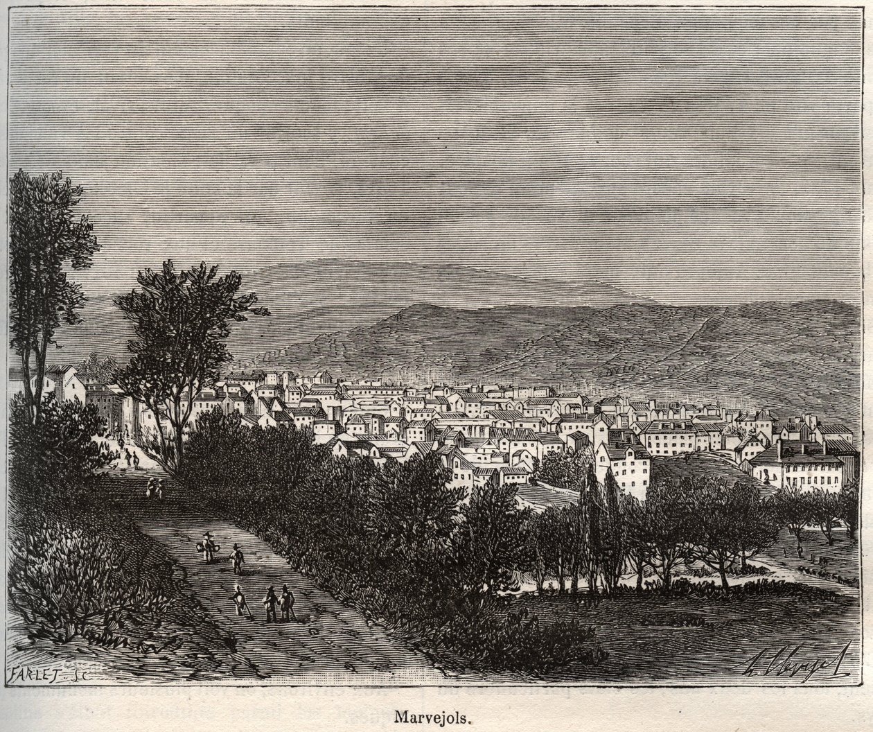 Marvejols - Lozère - Languedoc-Roussillon - Gravur in „La France illustrée: Geographie, Geschichte, statistische Verwaltung“ von V.-A. Malt-Brown. 1884 von French School