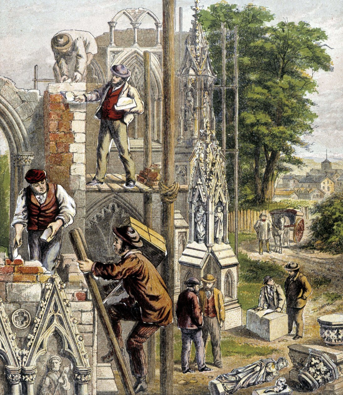Maurer auf der Baustelle einer Kathedrale - in „Laden der kleinen Kinder“, „Die Berufe“, Hachette, um 1900 von French School