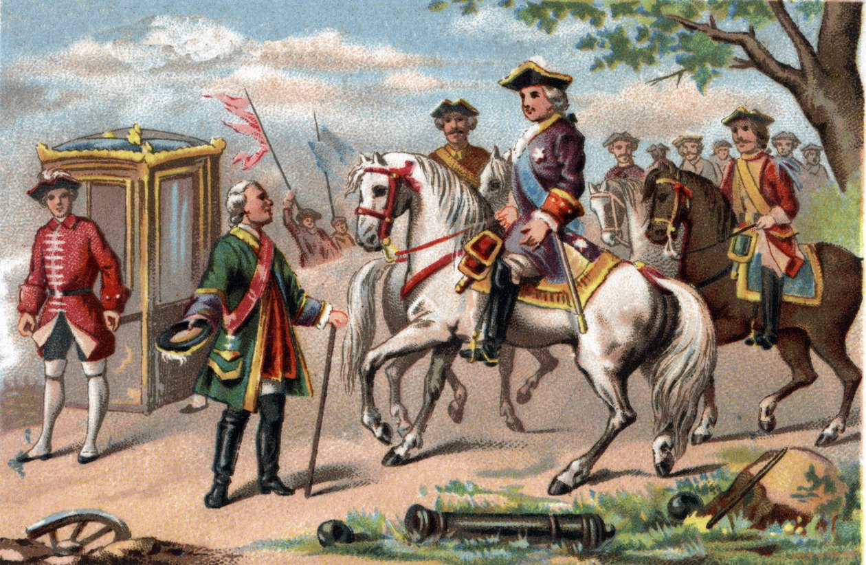 Maurice von Sachsen, Marschall von Sachsen (1696-1750), siegreich in der Schlacht von Fontenoy, traf Ludwig XV. von Frankreich (1710-1774). Chromolithographie um 1890 von French School