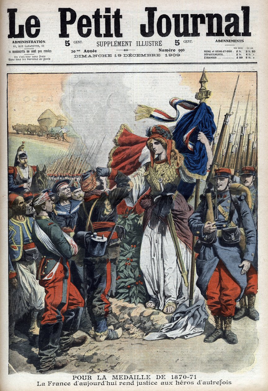 Medaille für Veteranen des Krieges von 1870-1871: Allegorie Frankreichs, die den Helden der Vergangenheit Gerechtigkeit widerfahren lässt - „Le Petit Journal“ vom 19. Dezember 1909 (Gravur) von French School