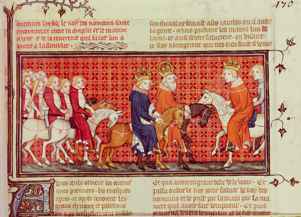 Treffen zwischen Karl V. (1338-80) von Frankreich und dem Heiligen Römischen Kaiser Karl IV. (1316-78) begleitet vom König der Römer, aus Grandes Chroniques de France von French School