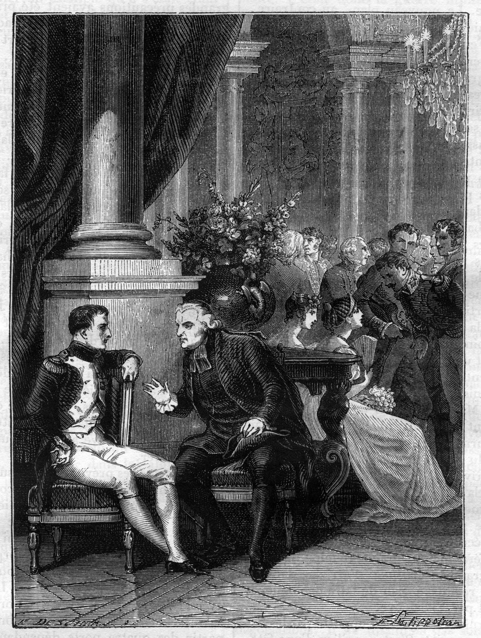 Treffen in Genua (Genova) in Italien von Napoleon I. mit Kardinal Jean Siffrein Maury (1746-1817) 1805 - in „History of the empire following the history of the consulate“ von Adolphe Thiers - 1879 - Private Sammlung von French School