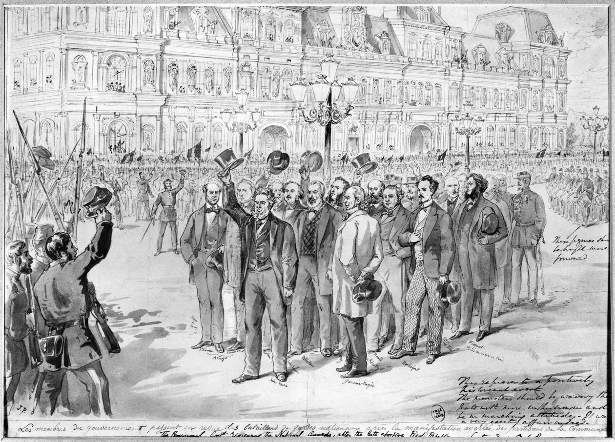 Mitglieder der provisorischen Regierung begutachten die Nationalgarde vor dem Hôtel de Ville in Paris am 31. Oktober 1870, ca. 1870 von French School