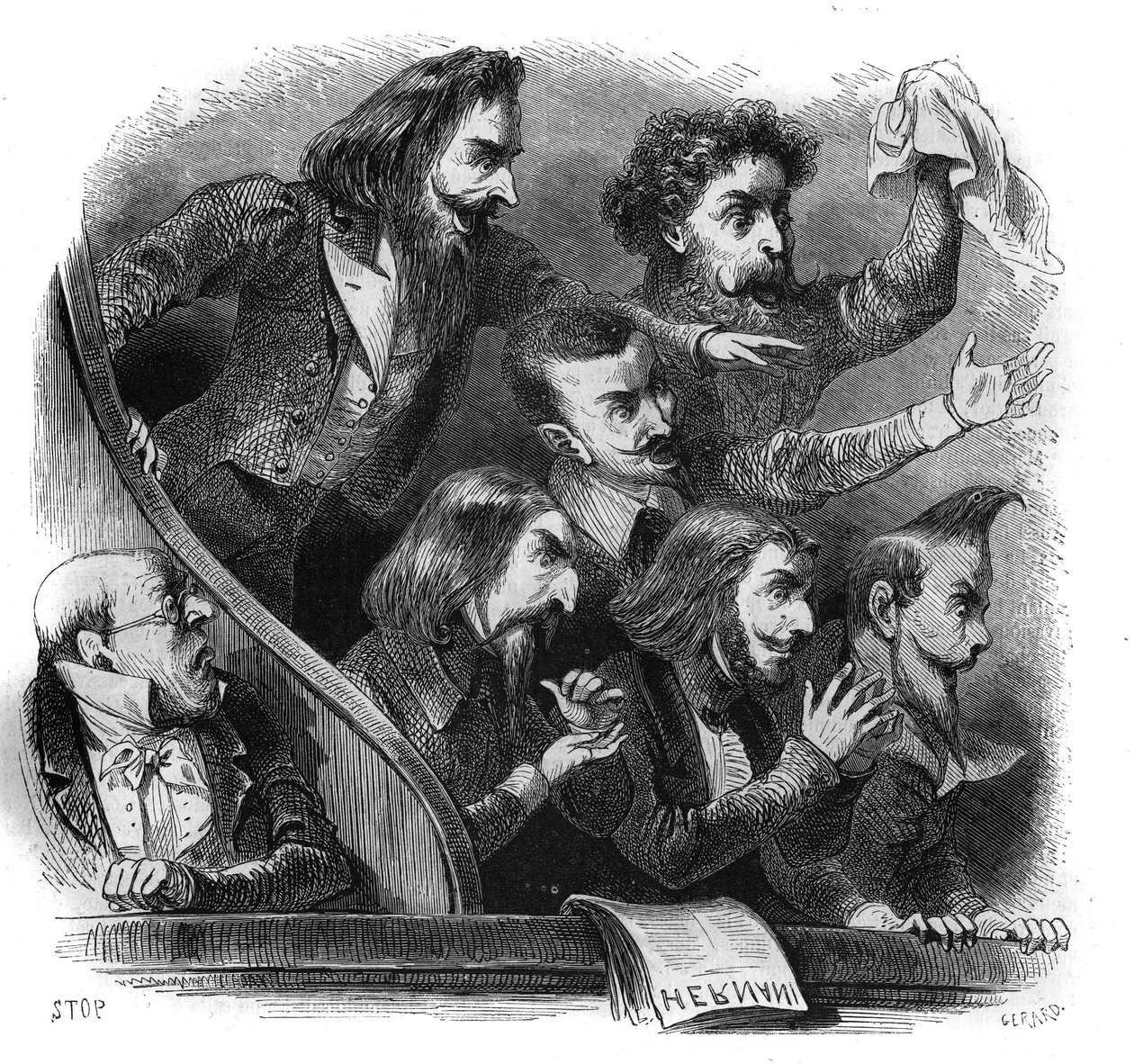 Mitglieder der romantischen literarischen Bewegung bei der ersten Aufführung von Victor Hugos Stück „Hernani“ an der Comédie-Française in Paris, 25. Februar von French School