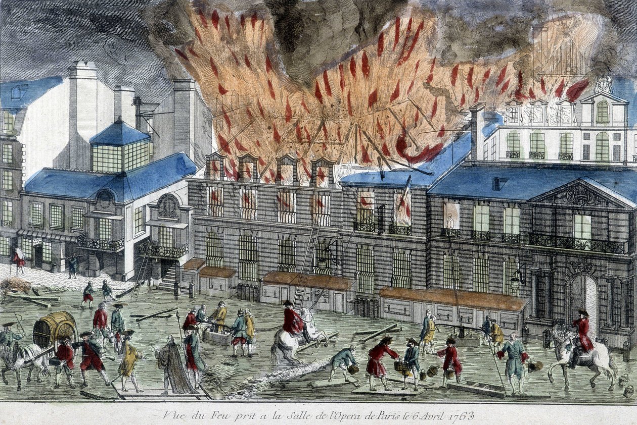 Männer versuchen, das Feuer der Pariser Oper im Jahr 1763 zu löschen von French School