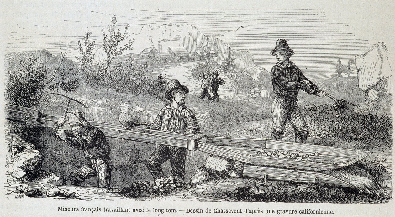 Französische Goldsucher arbeiten mit der Langrinne - in „Tour du monde“ von French School