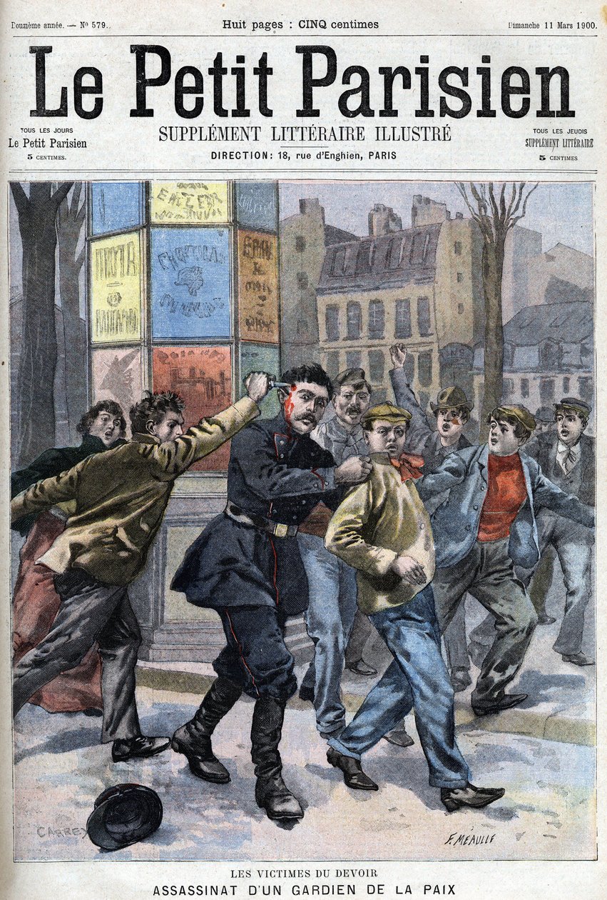 Attentat auf einen Friedenswächter in Paris, Rue Vergniaud, im Jahr 1900 - in „Le petit Parisien“ von French School