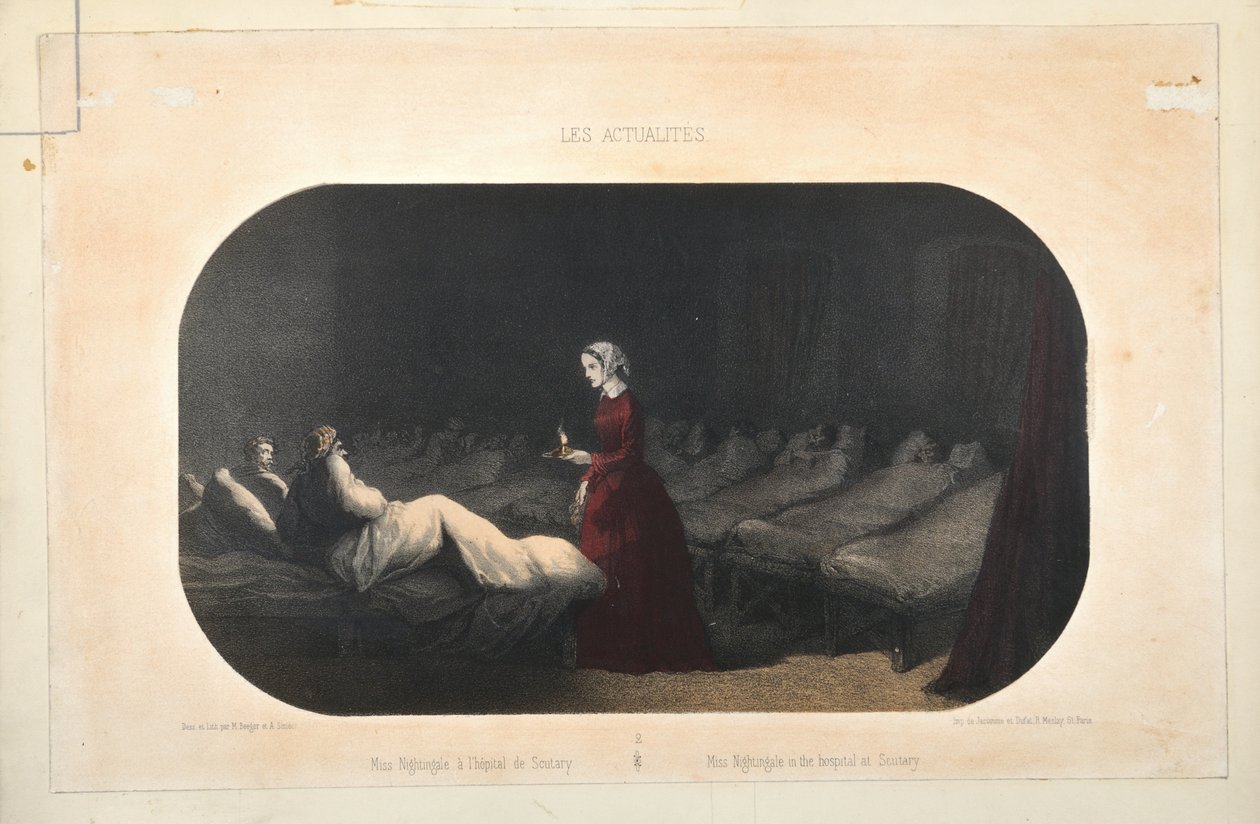 Miss Nightingale im Krankenhaus in Scutari, veröffentlicht von Jacomme et Dufat, Paris, 1856 von French School