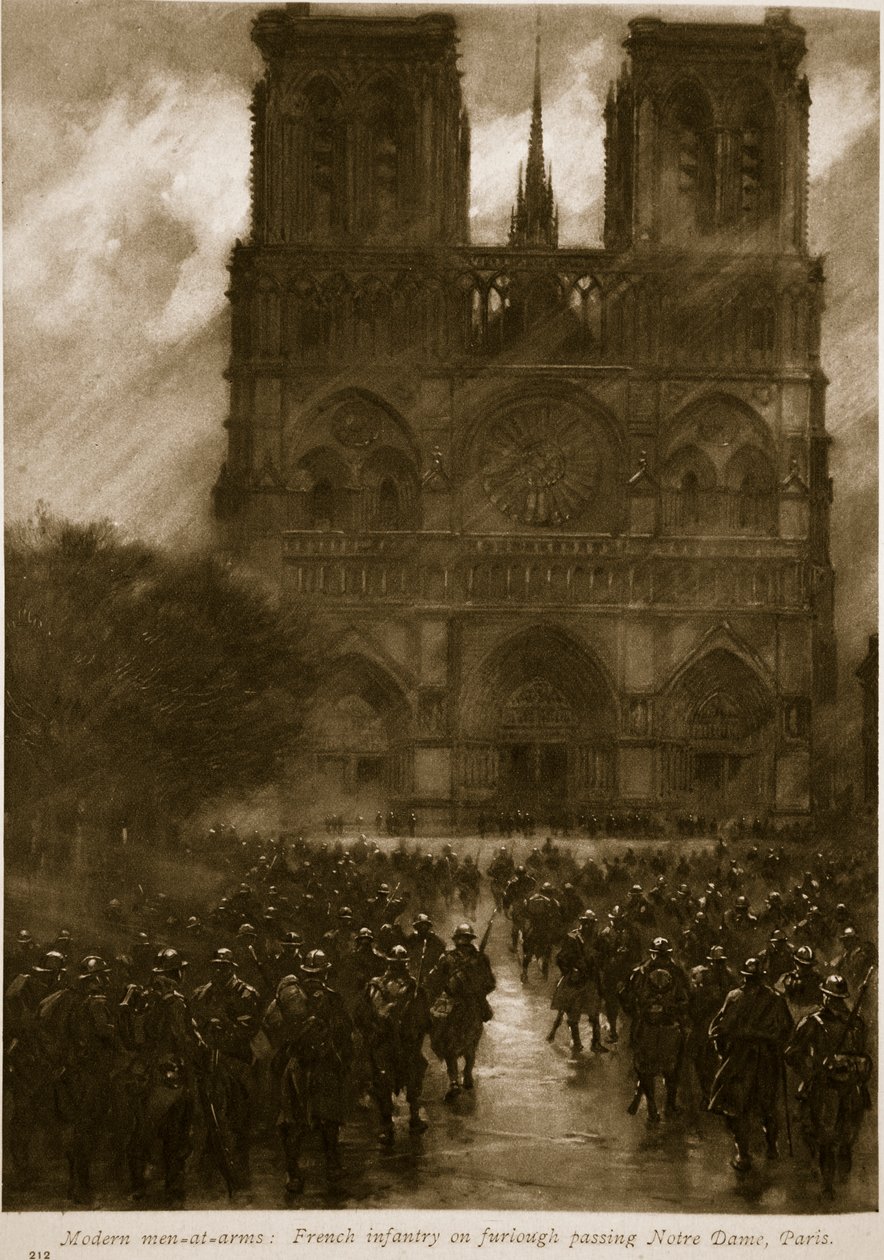 Französische Infanterie auf Urlaub passiert Notre Dame, Paris, 1914-19 von French School