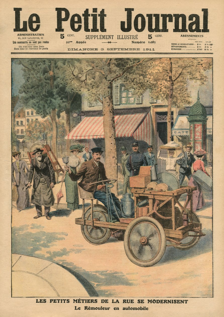 Modernisierung der Straßenarbeiten, der Messerschleifer in seinem Auto, Illustration aus 