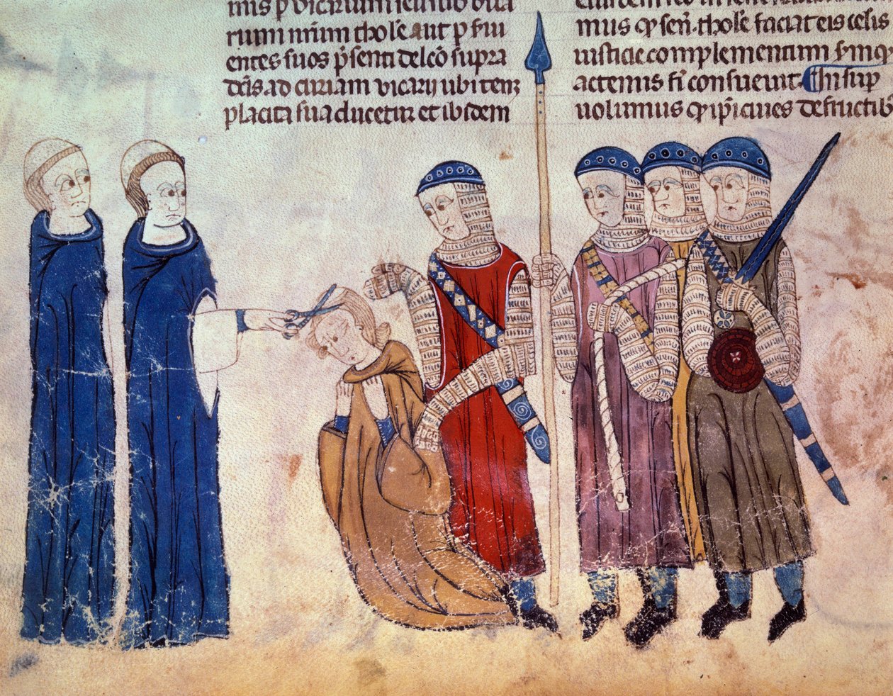 Mönch als Strafe für seine Ausschweifungen geschoren. Miniatur aus dem Manuskript „Bräuche von Toulouse“ (Folio 33V) von French School